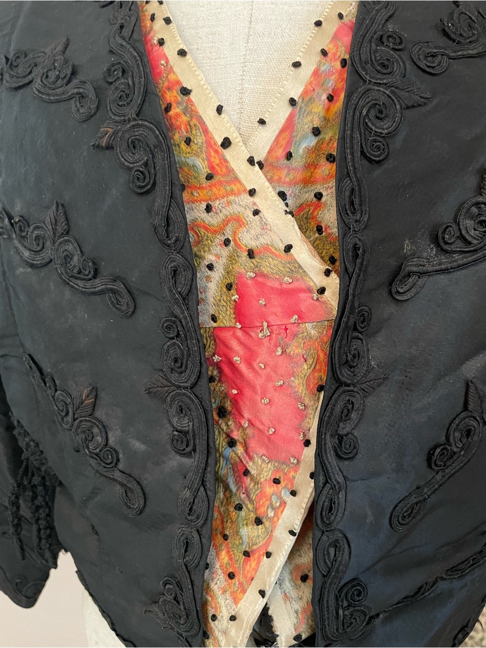 Antique Black Bodice Jacket with Coral and Gold Accents, Boned, Beaded Beauty